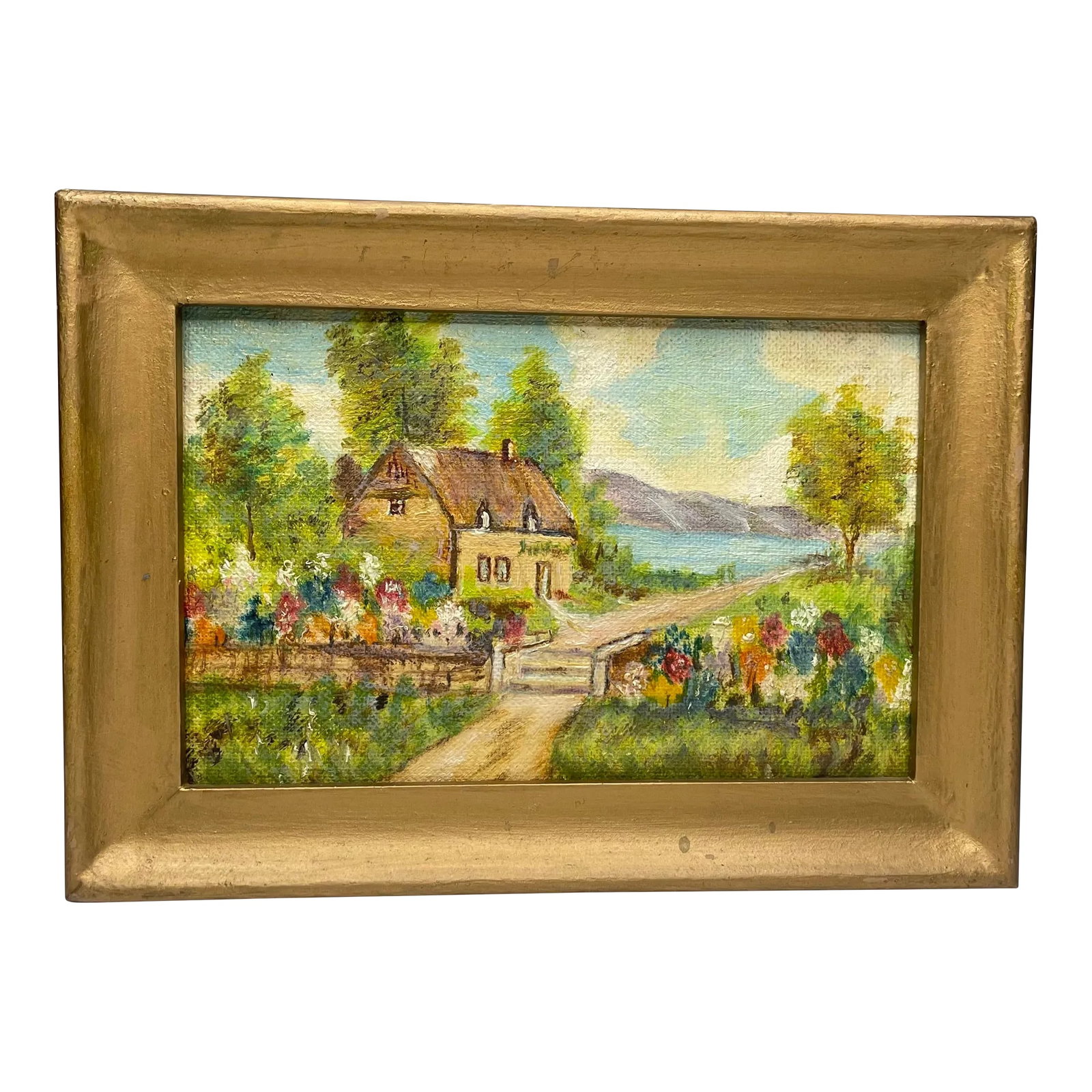 Vintage English Traditional Pastoral Landscape Impressionist Framed Original Oil Painting: The "Summer of 1967" is titled by the artist M. P. Fields. Even though the time is known the location of this small, yet beautiful impressionist oil painting is not. The image depicts an idyllic