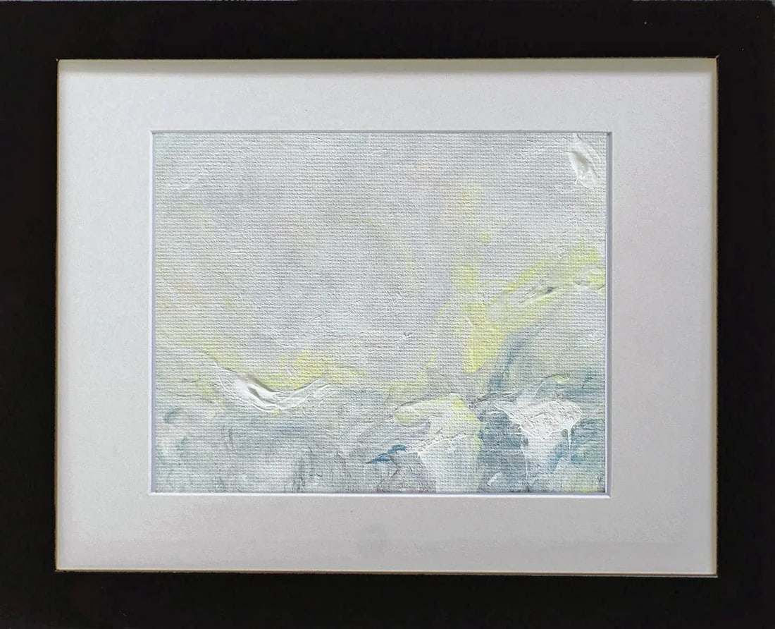 Impressions III Contemporary Impressionist Style Abstract Landscape Acrylic Painting, Framed: IMPRESSIONS III is a small original art painting in an impressionist/abstract style. Created with acrylics on canvas board. Color palette: Soft slate blue/grey, light greys, yellow, white. Bits of