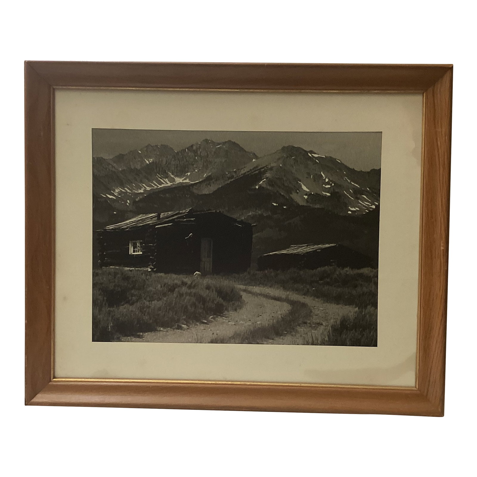 1930's Black and White Photograph of a Cabin in Colorado: Step back into the Tranquility of a 1930s mountain retreat with this original black and white photograph of a rustic log cabin. Captured nearly a century ago, this image perfectly embodies, the