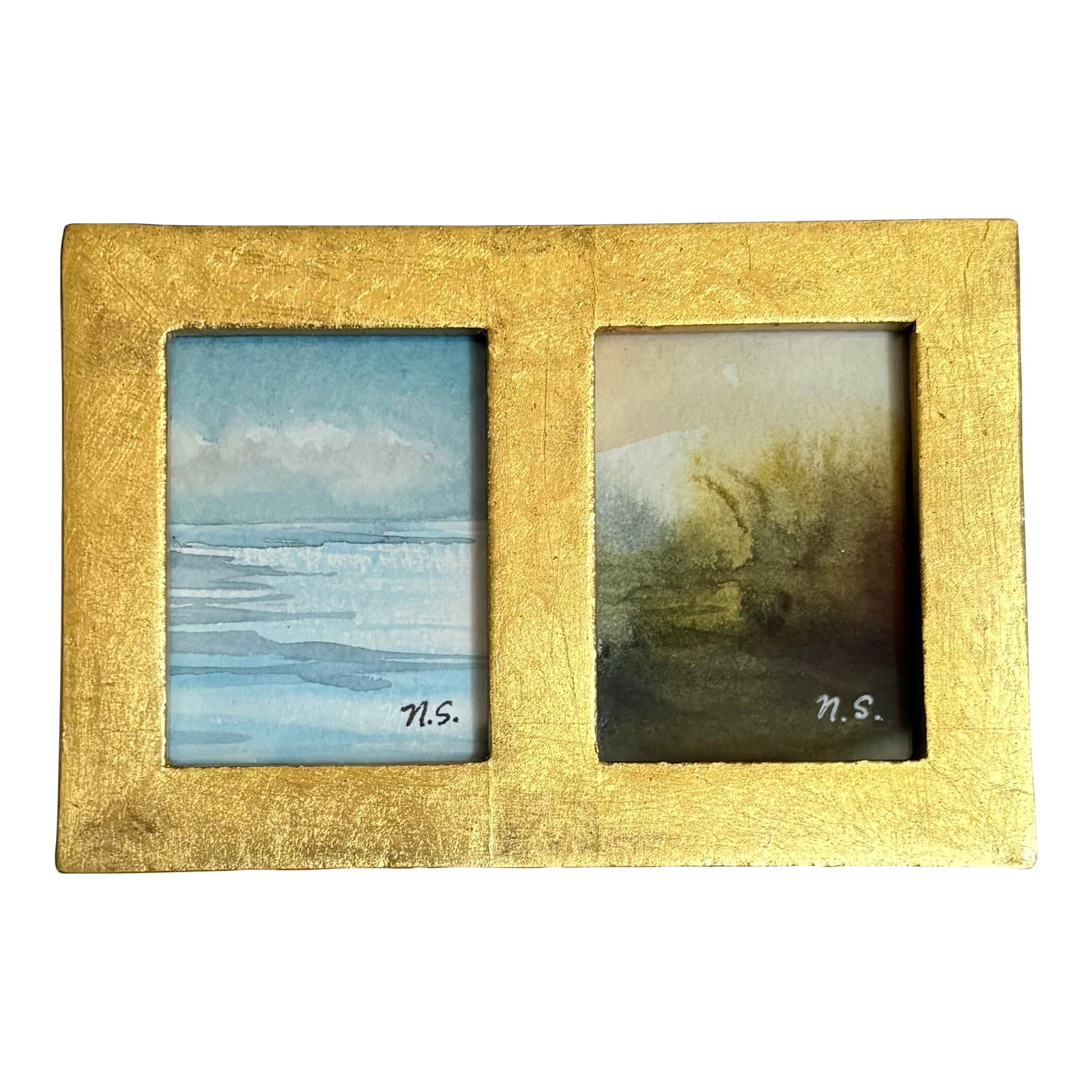 Set of Two Miniature Watercolor Landscape Paintings - Original Art in Gold Frame: Bring a touch of elegance and tranquility to your space with this unique pair of original watercolor miniatures, beautifully presented in a golden double frame. Each painting is hand-painted and