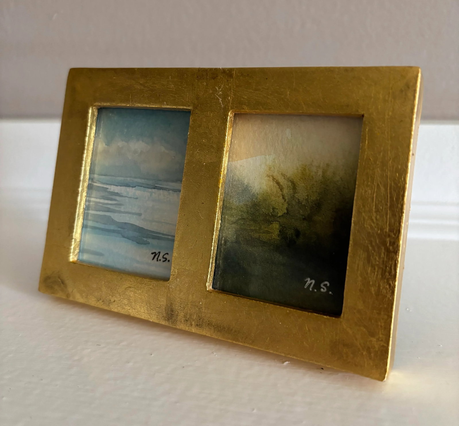 Set of Two Miniature Watercolor Landscape Paintings - Original Art in Gold Frame - 2