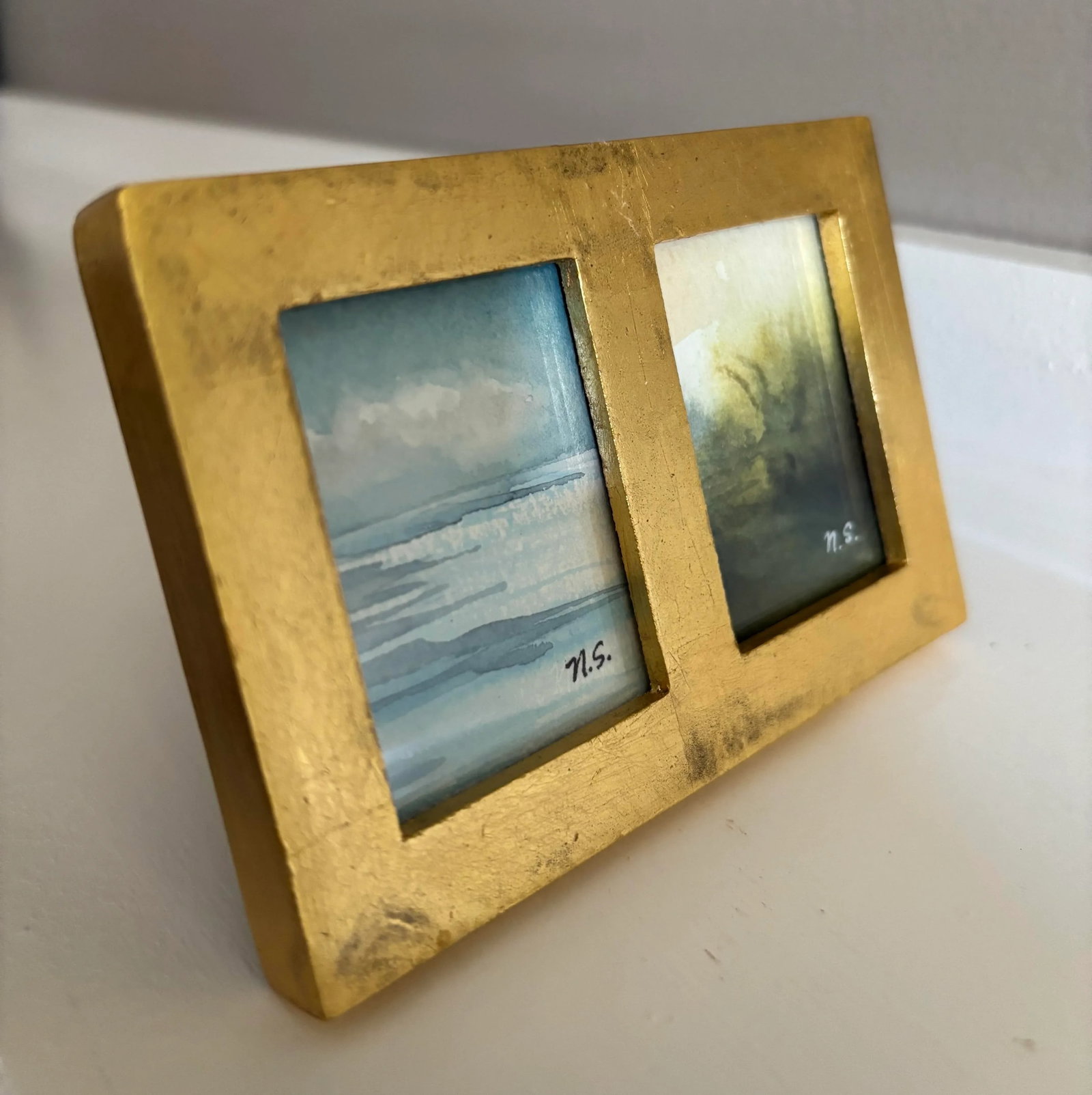 Set of Two Miniature Watercolor Landscape Paintings - Original Art in Gold Frame - 3