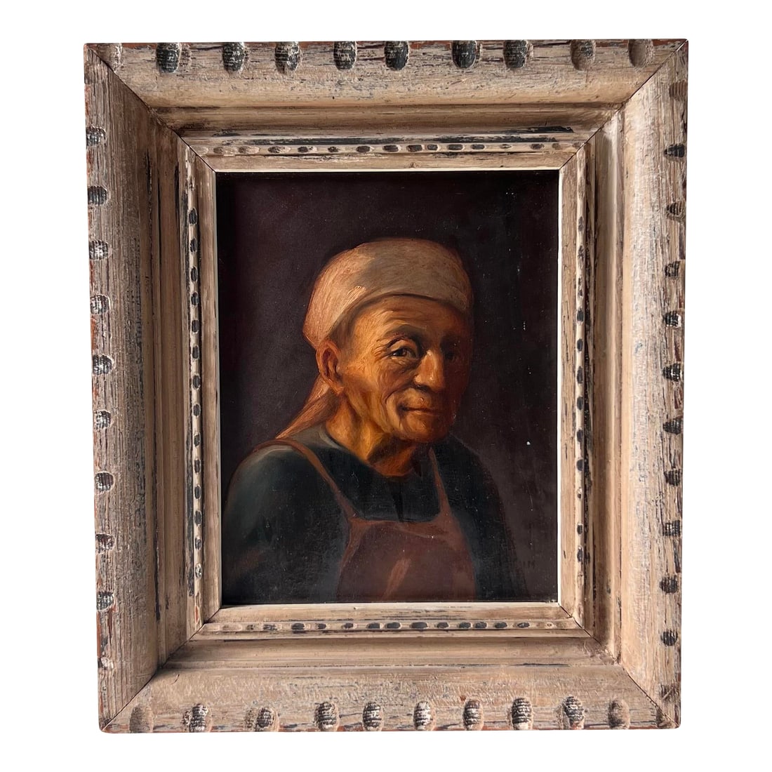 Flemish School Style Framed Oil Portrait Painting, Signed Palm: Vintage Dutch Style Framed Oil Portrait Painting signed by Palm. The piece is oil on board framed in a weathered notched antique frame. Condition: Alterations: Original Condition Unaltered