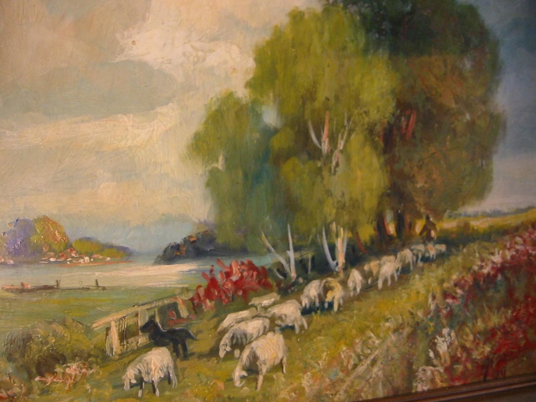 Late 20th Century Continental Landscape Titled Sheppard Signed Oil on Canvas - 12