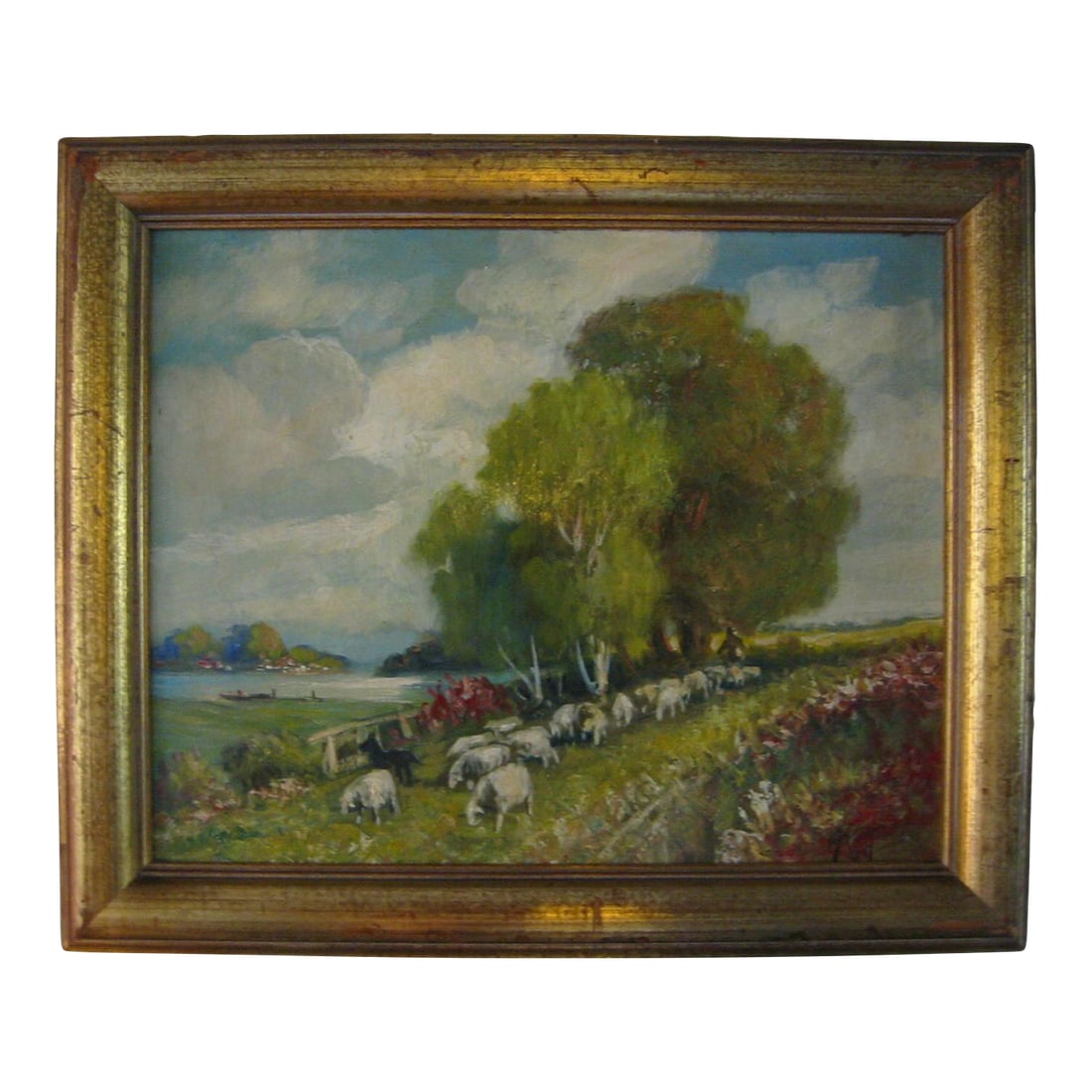 Late 20th Century Continental Landscape Titled Sheppard Signed Oil on Canvas: This spectacular painting has a title, Sheppard. A Continental singed oil on canvas with breath taking scenery, sheep, Sheppard. striking brush strokes, incredible blue sky and bright hues. from 20th 