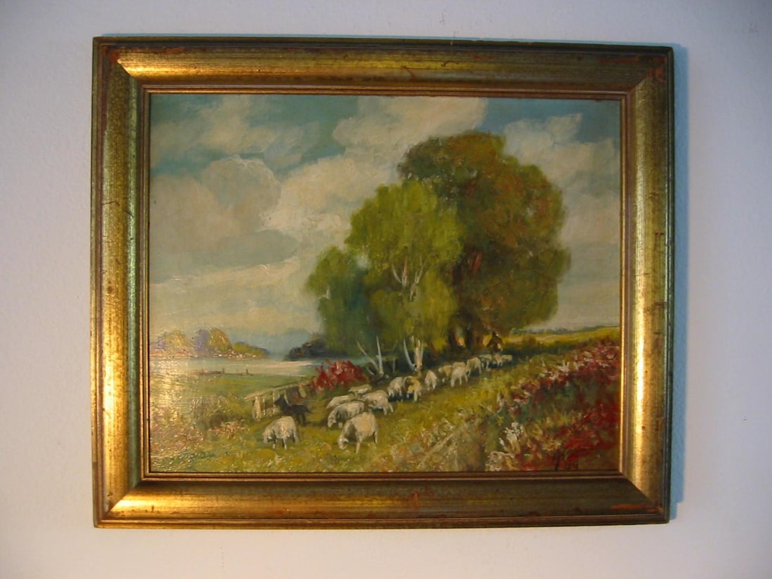 Late 20th Century Continental Landscape Titled Sheppard Signed Oil on Canvas - 2