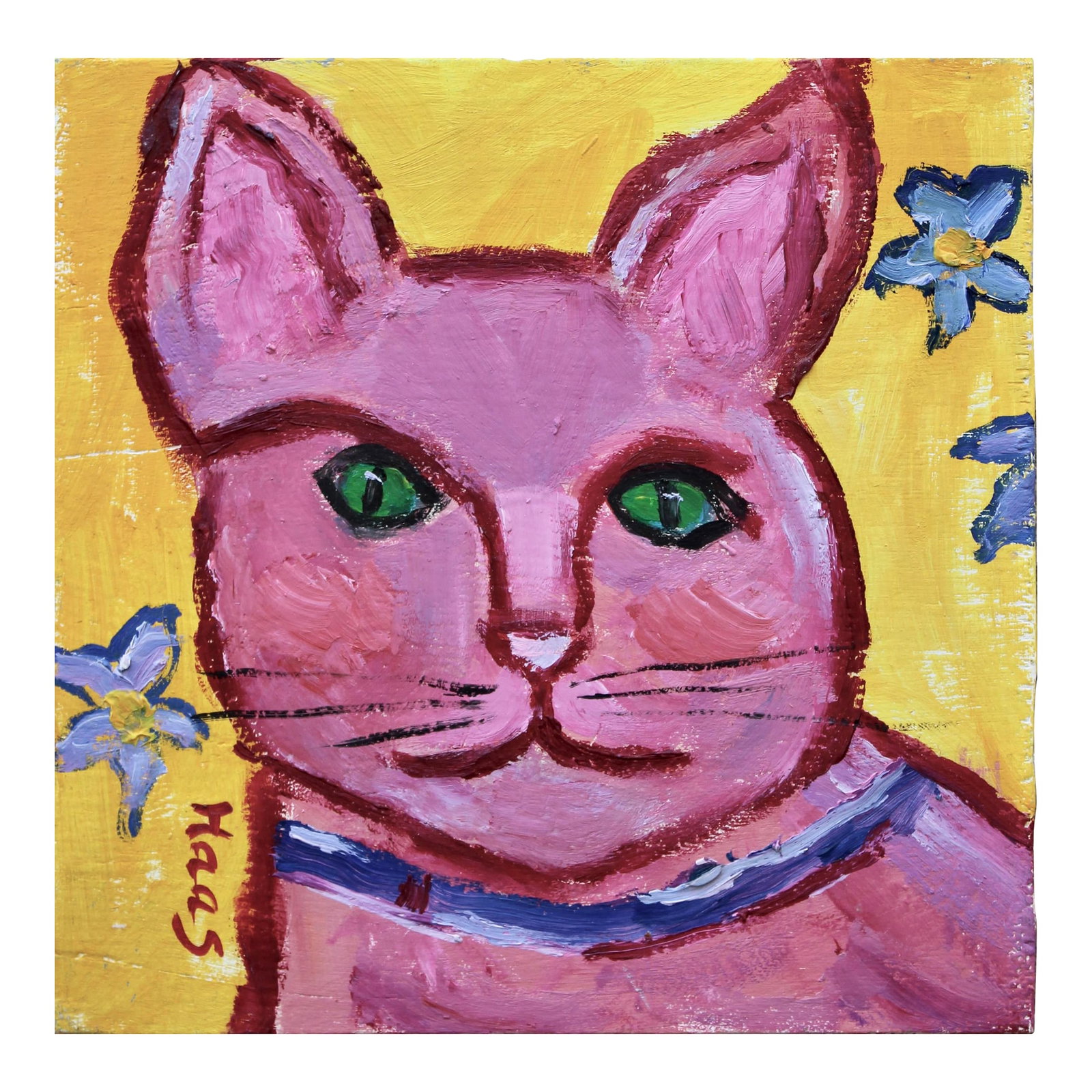 Primitive Style Pink Cat Portrait, Small Painting: Modern Narratives Collection - Pink Cat With Green Eyes Original oil painting by L. Haas, 6 1/8 x 6 1/8 in unframed wood panel, signed. A charming and whimsical contemporary portrait featuring a