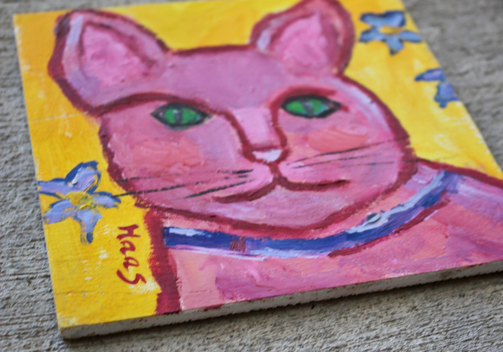 Primitive Style Pink Cat Portrait, Small Painting - 2