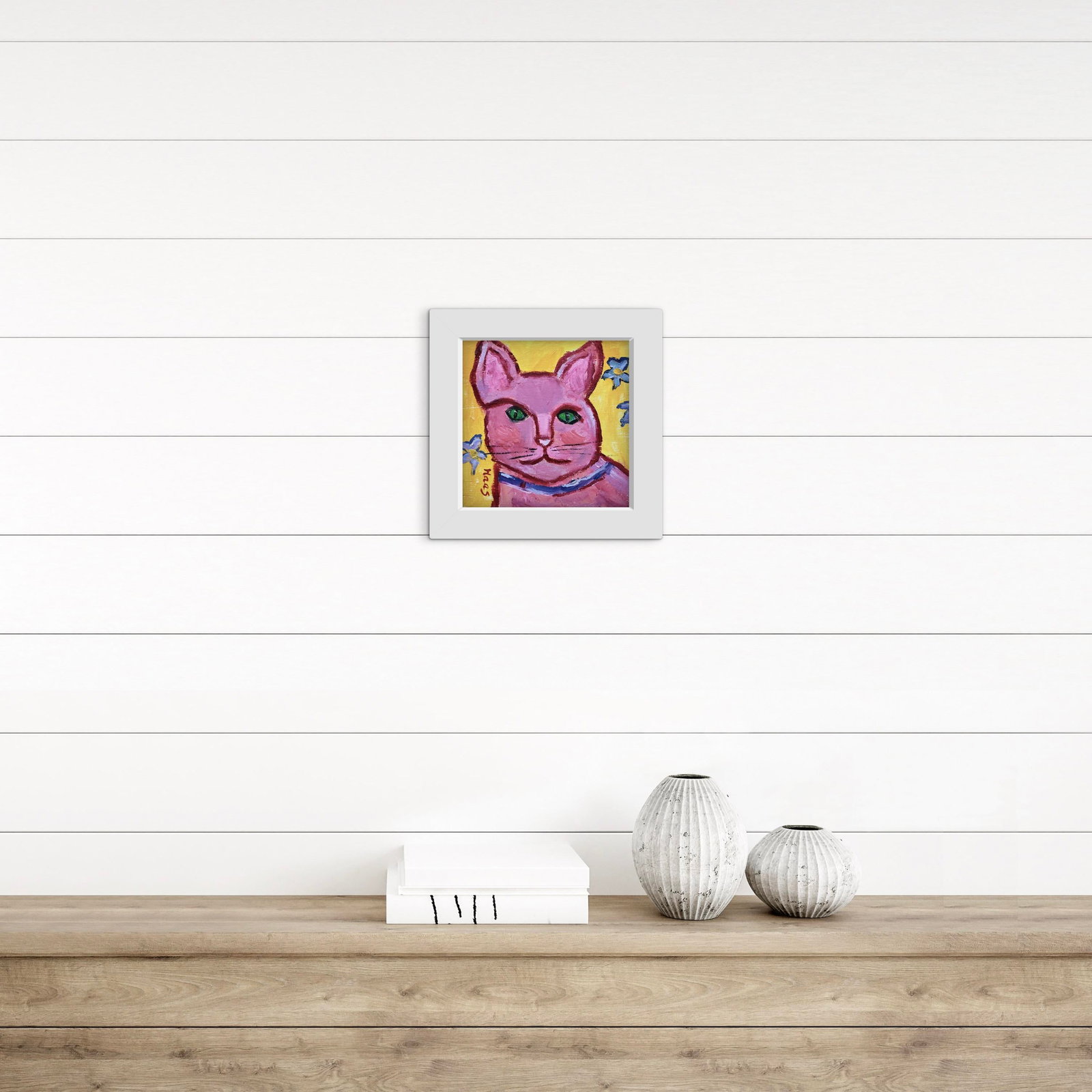 Primitive Style Pink Cat Portrait, Small Painting - 3