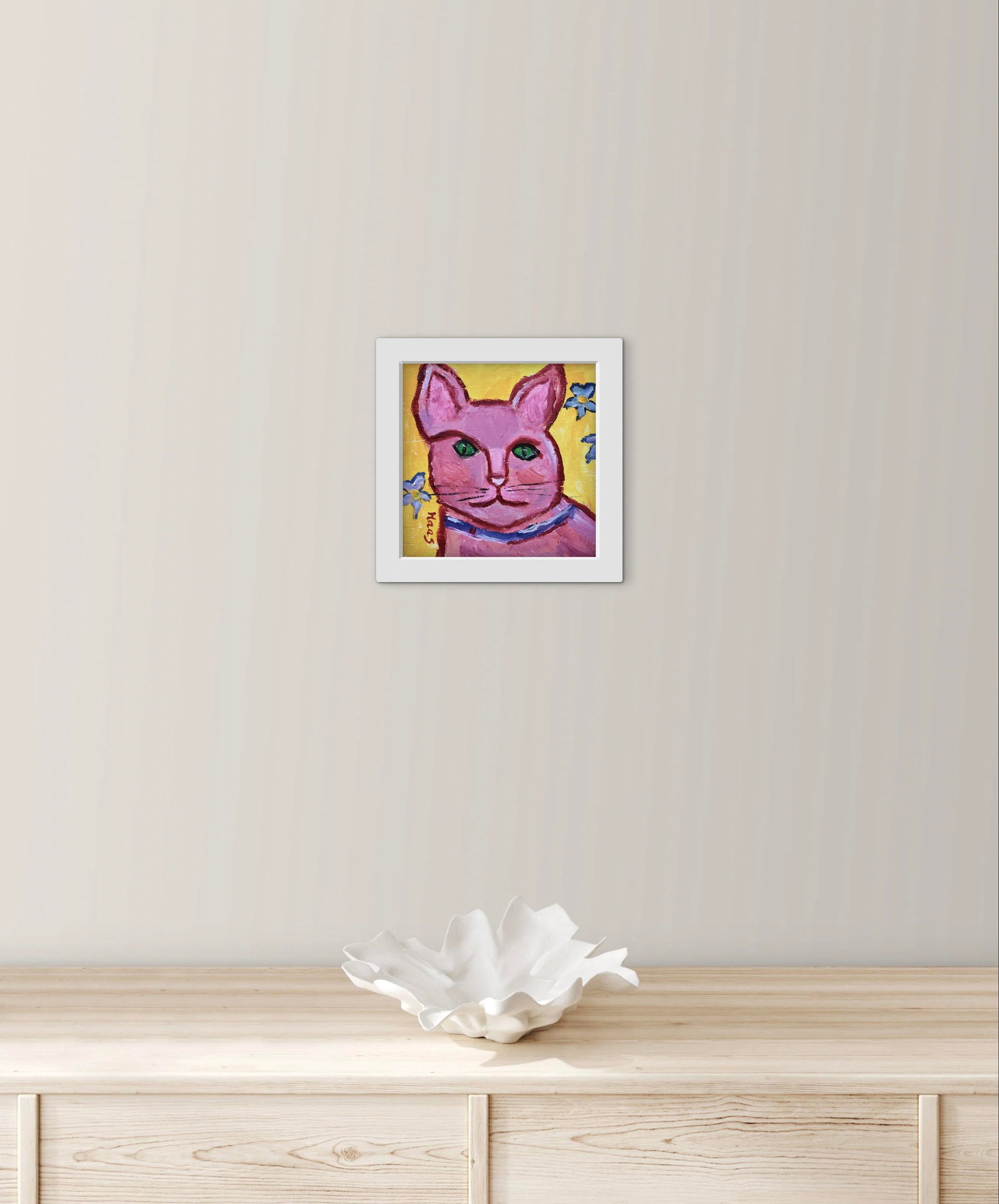 Primitive Style Pink Cat Portrait, Small Painting - 4