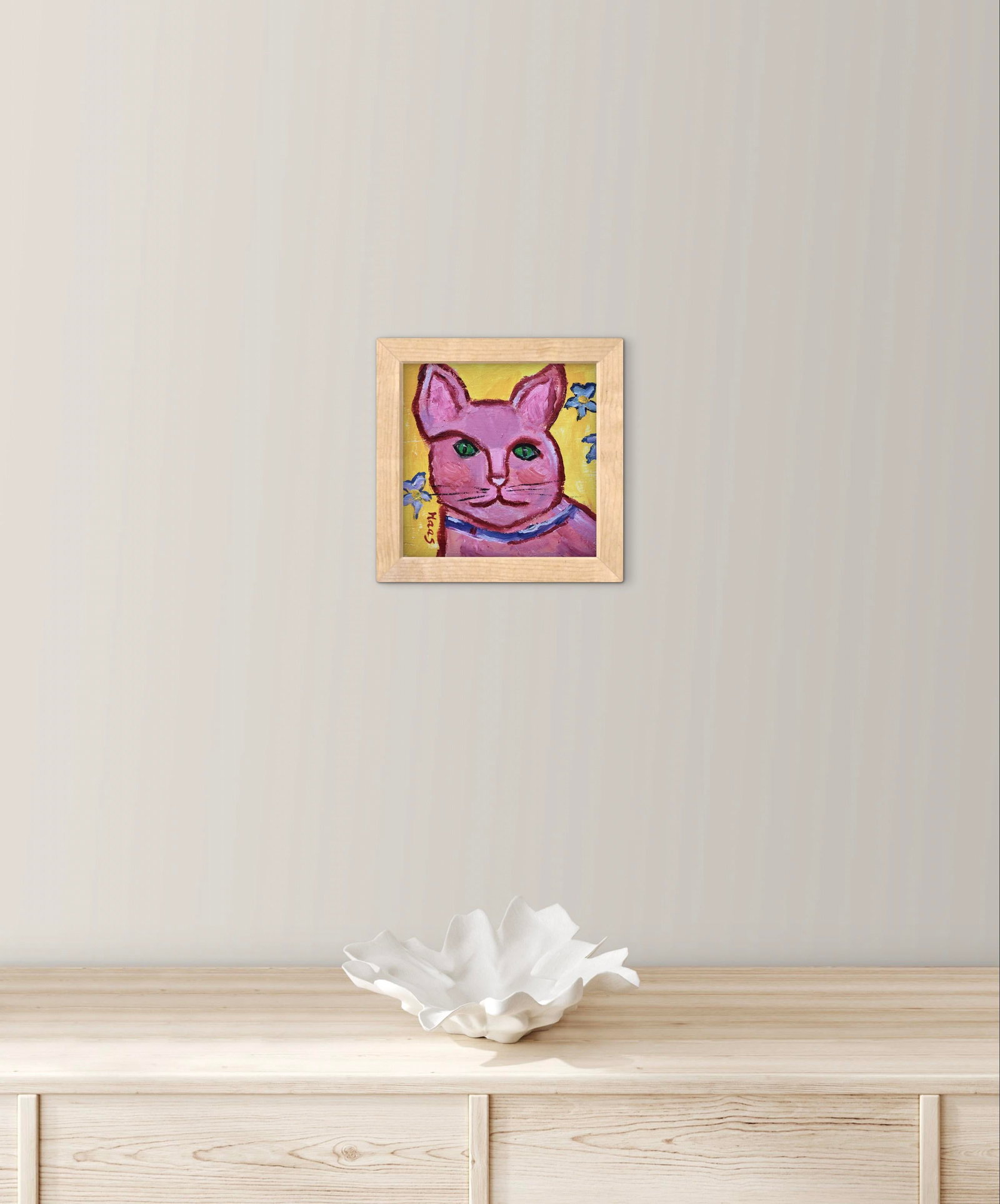 Primitive Style Pink Cat Portrait, Small Painting - 5