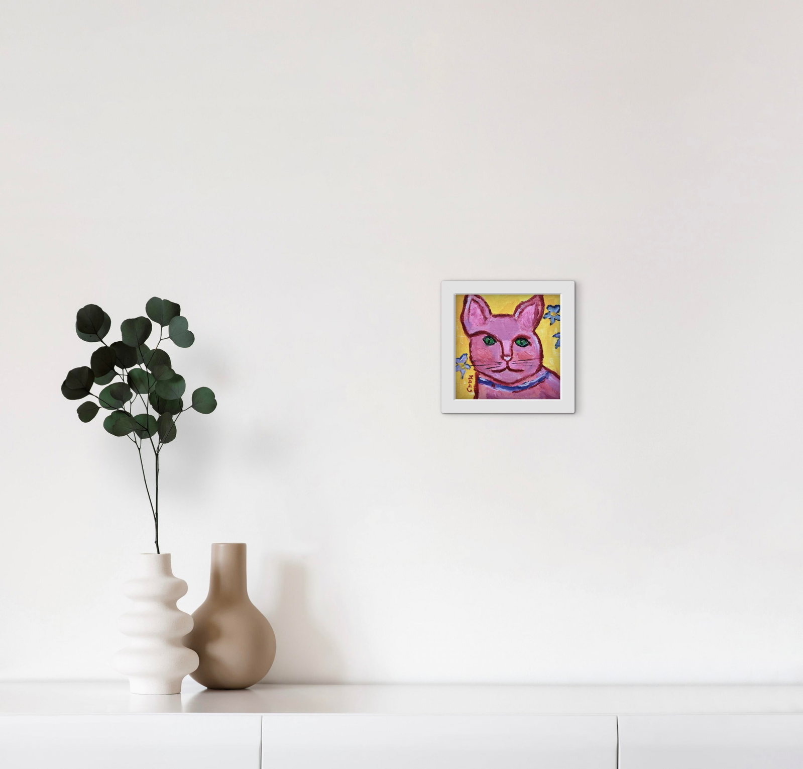 Primitive Style Pink Cat Portrait, Small Painting - 6