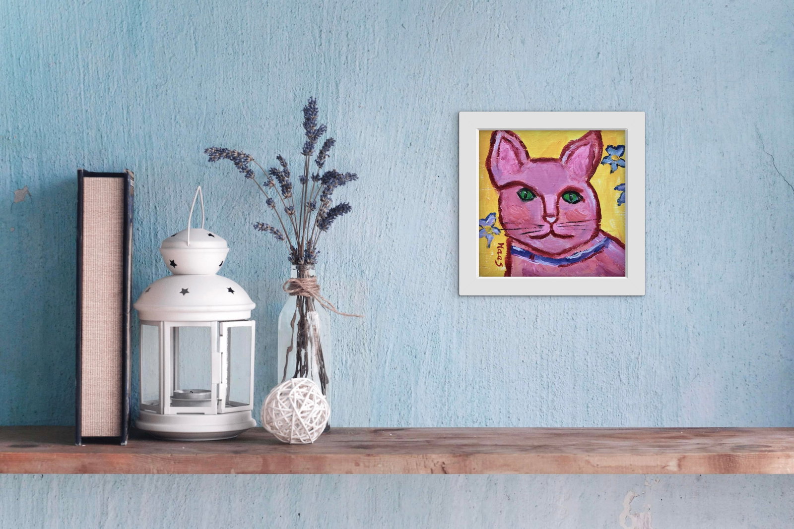 Primitive Style Pink Cat Portrait, Small Painting - 7