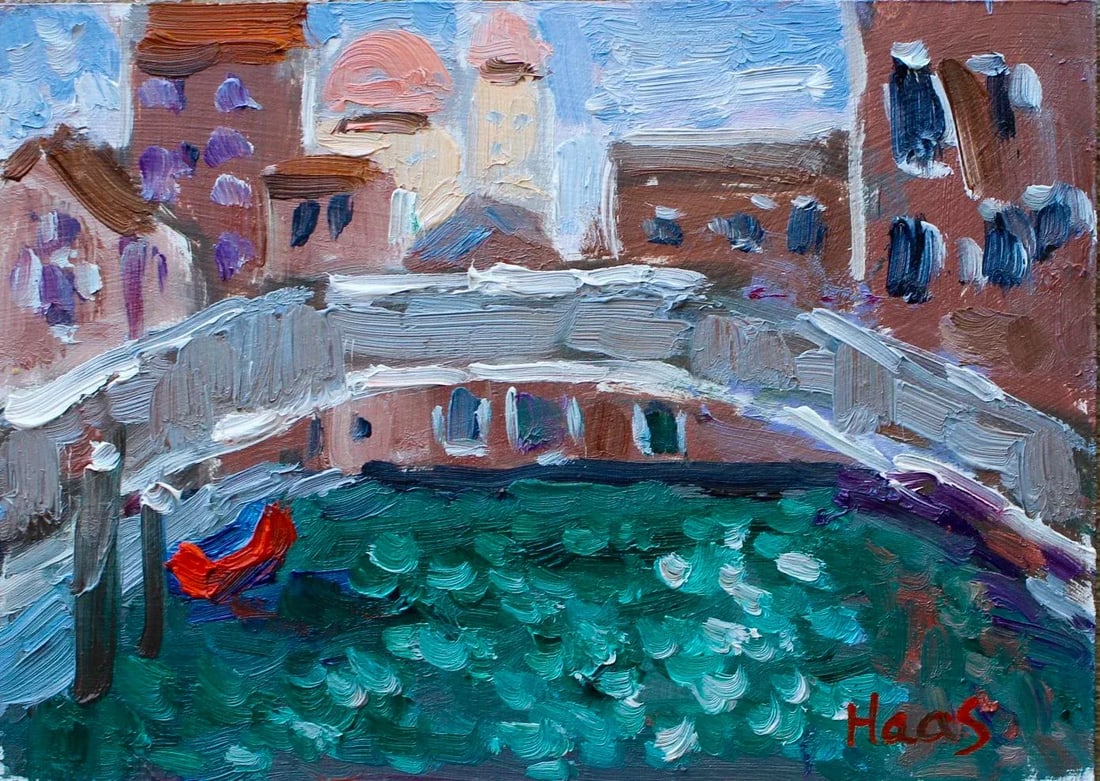 Venice, Contemporary Italian Cityscape Oil Painting: Quiet Places & Coastal - Red Boat, Venice Original oil painting by Haas, 7 x 5 unframed on masonite, signed. Step into the timeless allure of the Venetian canals with "Red Boat, Venice." This