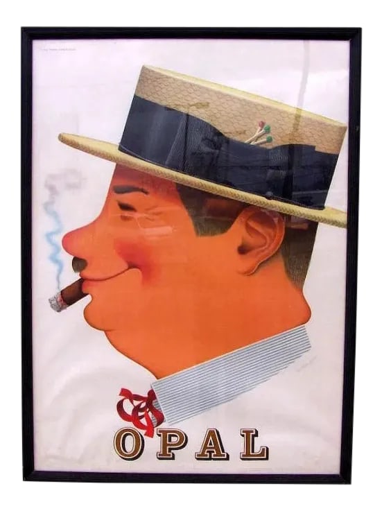 Mid 20th Century German Opal Cigar Poster, Framed: Original vintage poster, Opal Cigar. 40" x 48" Some creases to paper. (1571) Condition: Alterations: Unknown Imperfections: Some Imperfections Condition Notes: Some creases to paper. Origin: Germany