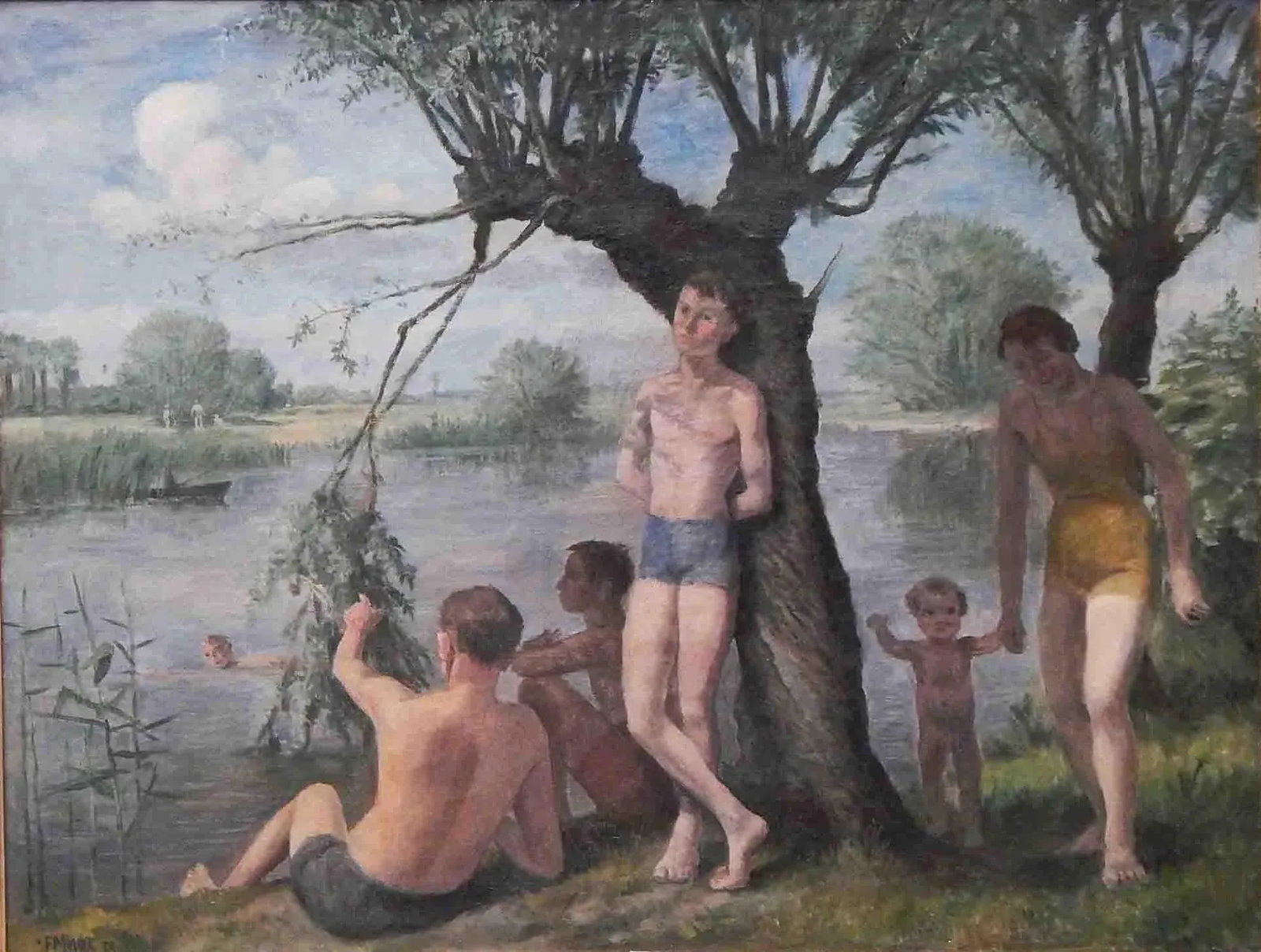 1938 "Bathing by the River" Figurative Oil Painting by Felix Meseck: Sunny and melancholy at the same time, this highly atmospheric painting depicts a family happily ensconced along a river bank, though at the centre is a male youth who is looking pensively into the