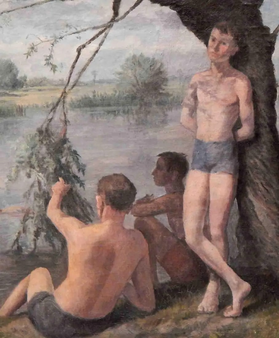 1938 "Bathing by the River" Figurative Oil Painting by Felix Meseck - 2