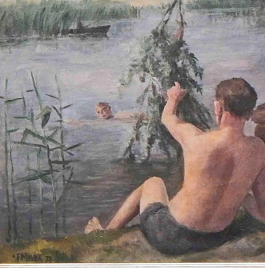 1938 "Bathing by the River" Figurative Oil Painting by Felix Meseck - 3