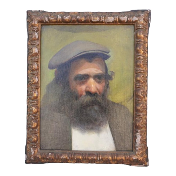 Portrait of a Man by Angelo Vianello, Oil on Masonite: This powerful and expressive portrait depicts a rugged older gentleman, painted by artist Angelo Vianello. While little information about the artist is available online, the quality of the work sugges