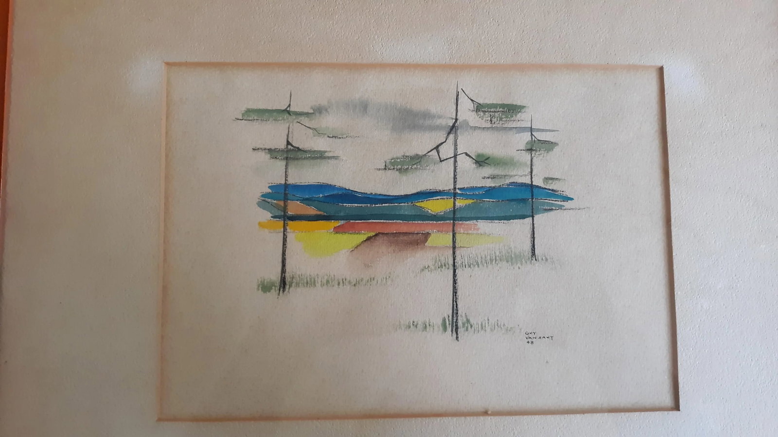 1948 "Country" Modernist Style Watercolor Painting, Framed - 2