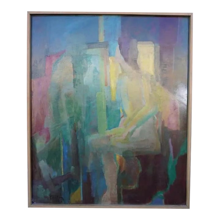 Mid 20th Century Abstract Portrait by Mina Pulsifer, Oil on Masonite: Beautiful 1965 abstract figurative painting by Mina Pulsifer, showcasing her signature mid-century modern style. The figure is subtly suggested through overlapping translucent shapes, allowing the