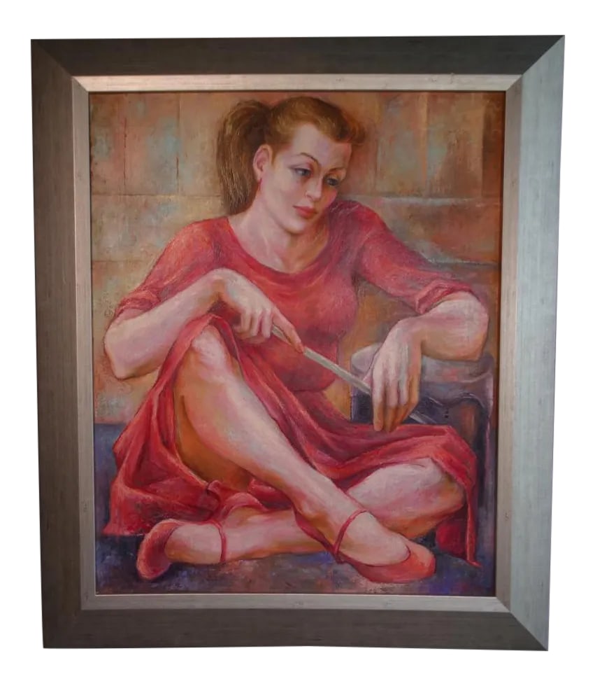 Circa 1940s "Drummer Girl" Figurative Oil Painting by Burr Singer, Framed: We are very proud to have gathered a group of Burr Singer's distinctive and arresting works. She is always vitally engaged with her subjects. There is a wonderfully underlying humor especially to
