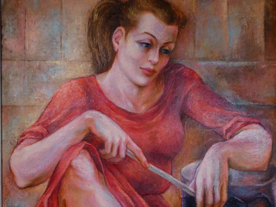 Circa 1940s "Drummer Girl" Figurative Oil Painting by Burr Singer, Framed - 2