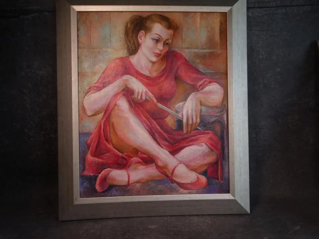 Circa 1940s "Drummer Girl" Figurative Oil Painting by Burr Singer, Framed - 4