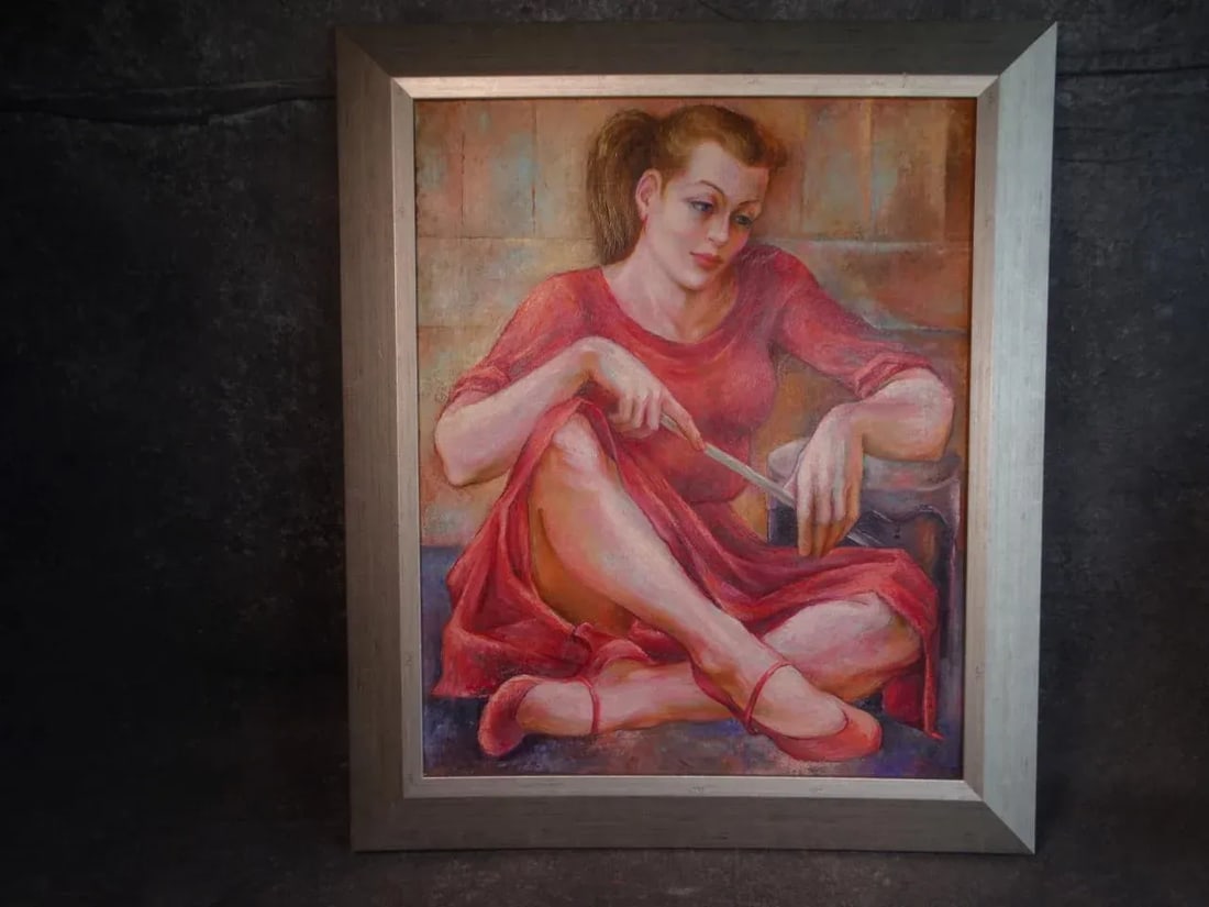 Circa 1940s "Drummer Girl" Figurative Oil Painting by Burr Singer, Framed - 7