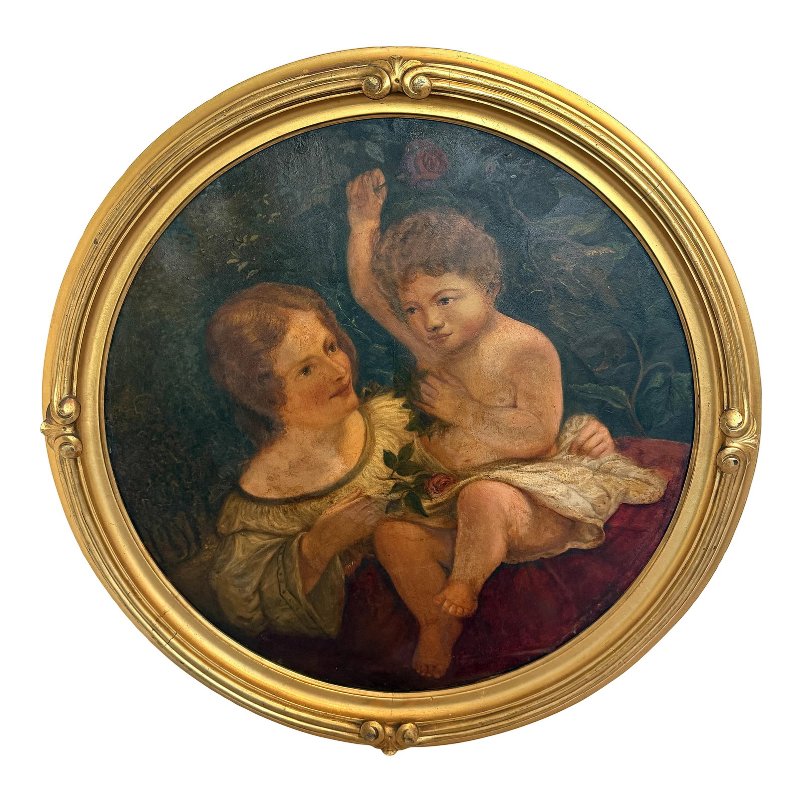 Antique 19th C. Mother & Child Oil Painting in Gilt Frame Victorian Continental: This exceptionally charming antique Continental oil painting depicts an intimate and tender scene of a mother with her young child, rendered with warmth, softness, and refined sentiment. The