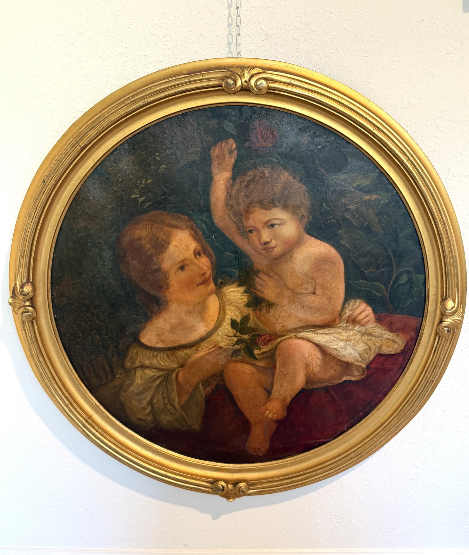 Antique 19th C. Mother & Child Oil Painting in Gilt Frame Victorian Continental - 2