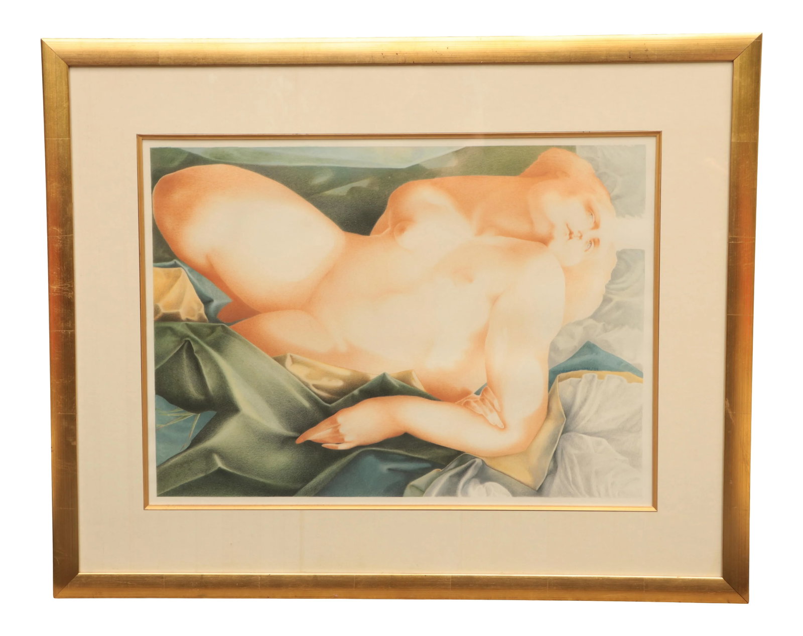 Lempicka Style Recumbent Nude Framed Original Portrait: Original mixed media nude portrait with cream dupioni silk matting and a foil gilded wooden picture frame. Signed and dated '91, this Lempicka-inspired work features a reclining figure draped with