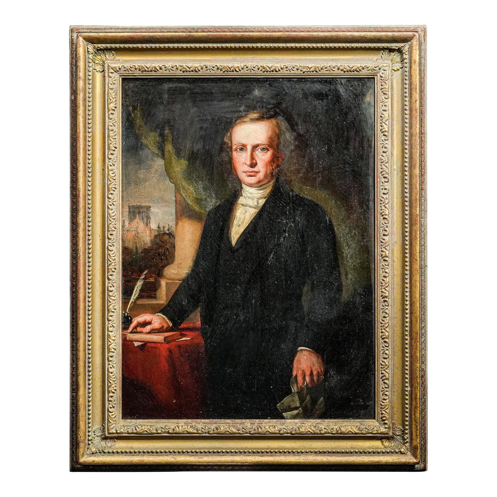 Stately English School Antique Framed Formal Portrait of Man Oil Painting Art Home Wall Decor: This captivating mid-19th-century formal portrait presents a commanding image of an upper-class gentleman, radiating poise, intellect, and quiet authority. Standing at a desk carefully arranged with