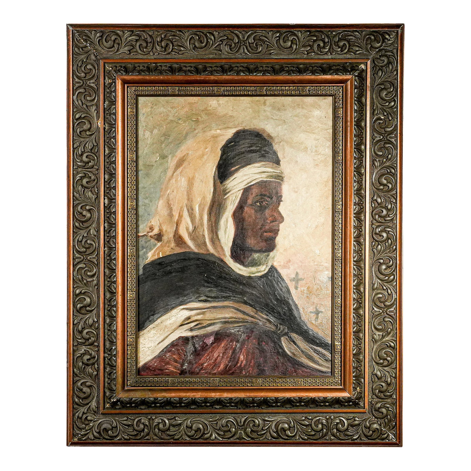 Incredible Orientalist Style Antique Framed Oil Painting of Arab Man Bohemian: This evocative antique oil painting, dating to circa 1890, offers a captivating portrait study rendered in rich, expressive brushwork. The composition presents a striking profile of a man in tradition