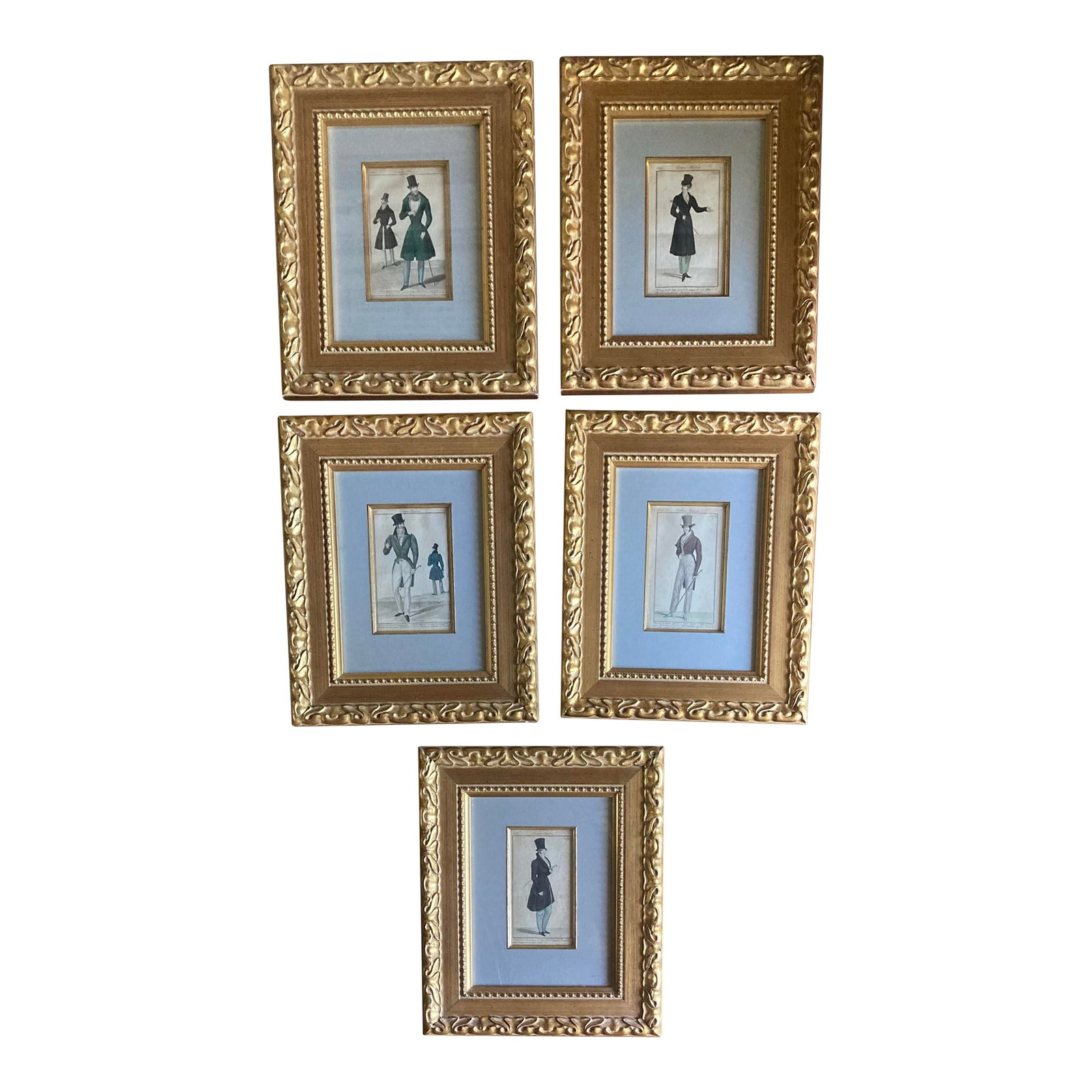 Set of Original 19th Century Framed and Matted French Men's Fashion Prints in Color - Set of 5: Set of 5 original 19th century prints in color of chic French men dressed in Parisian fashion. These prints were matted and framed in France. The frames are a beautiful elegant gold design and the