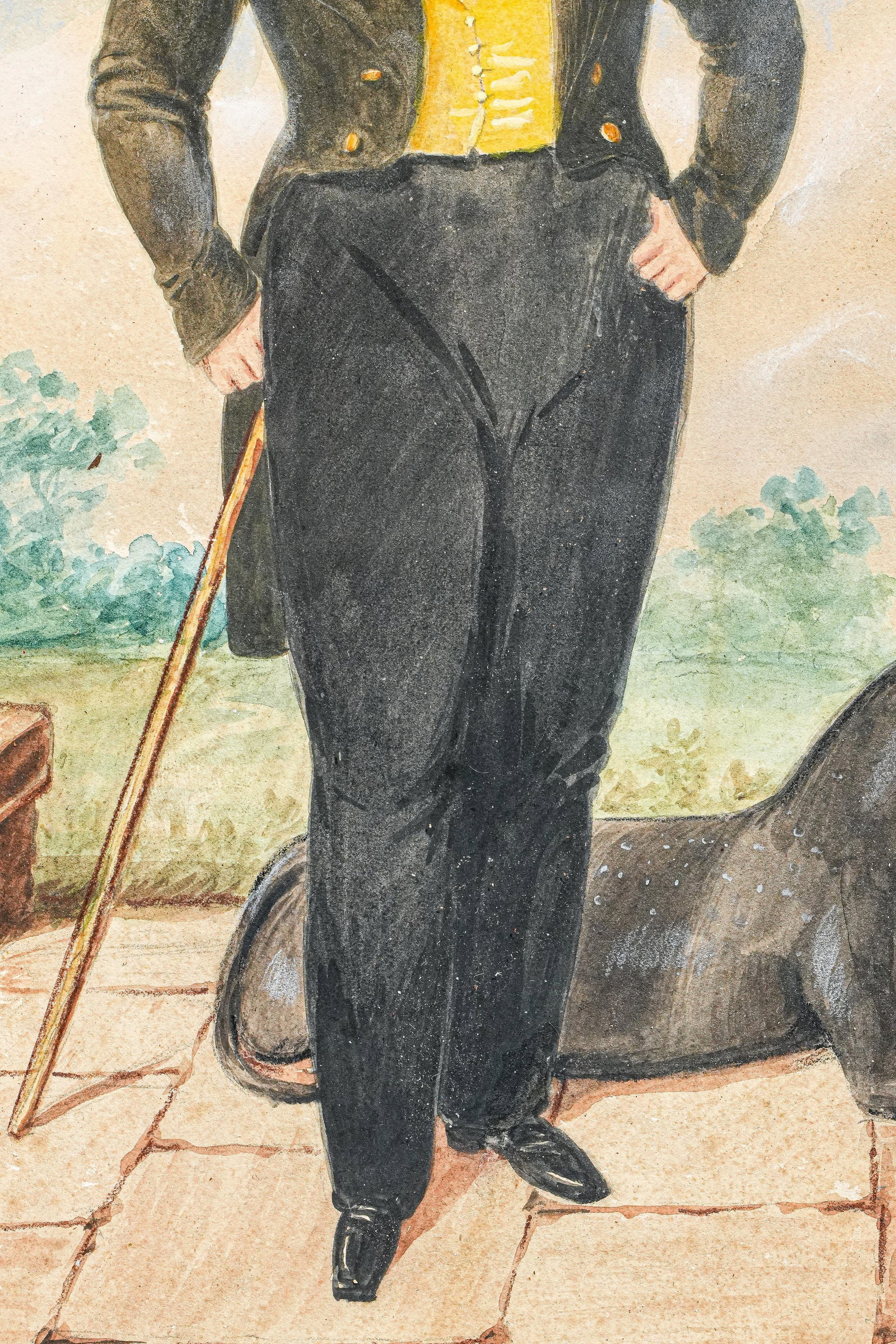 Amazing Antique English School Portrait Gouache Watercolor Painting of Aristocratic Man With Dog Fra - 10