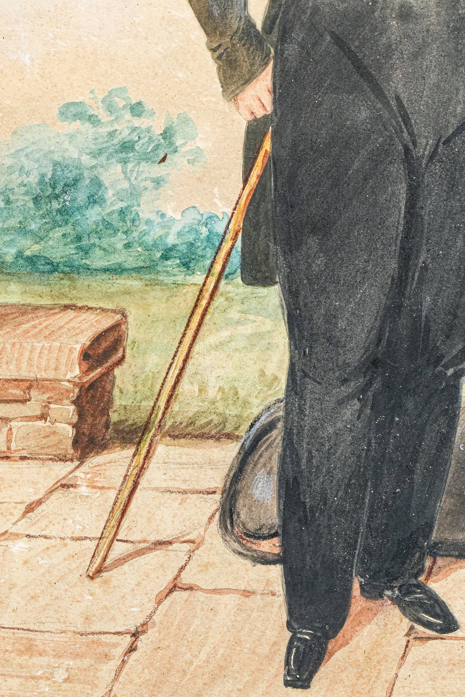 Amazing Antique English School Portrait Gouache Watercolor Painting of Aristocratic Man With Dog Fra - 11