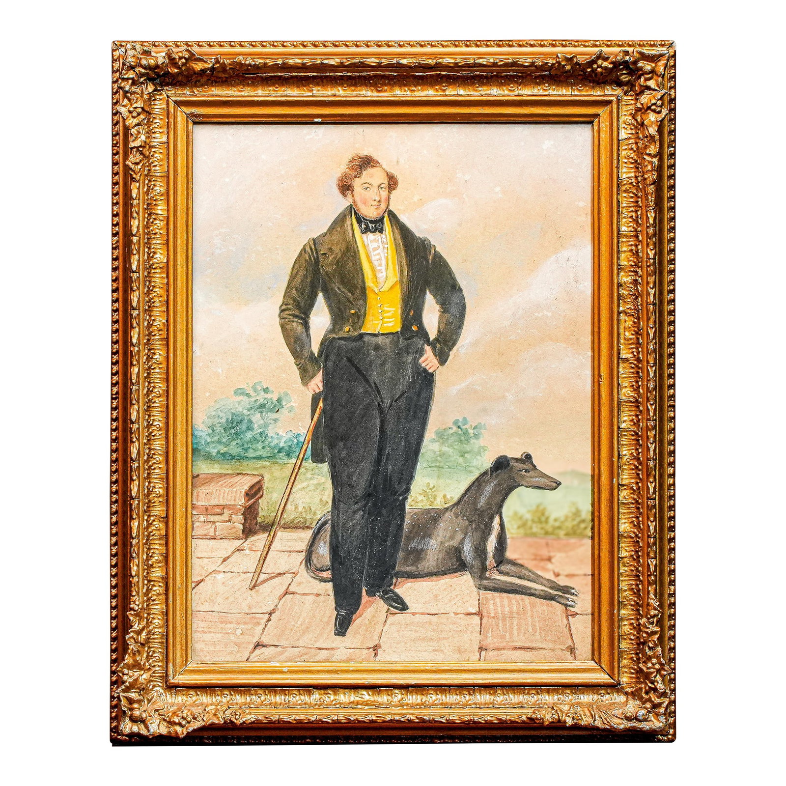 Amazing Antique English School Portrait Gouache Watercolor Painting of Aristocratic Man With Dog Fra: Immerse yourself in the elegance of the early Victorian era with this remarkable circa 1840 folk art portrait, a striking representation of aristocratic society. This gouache watercolor painting