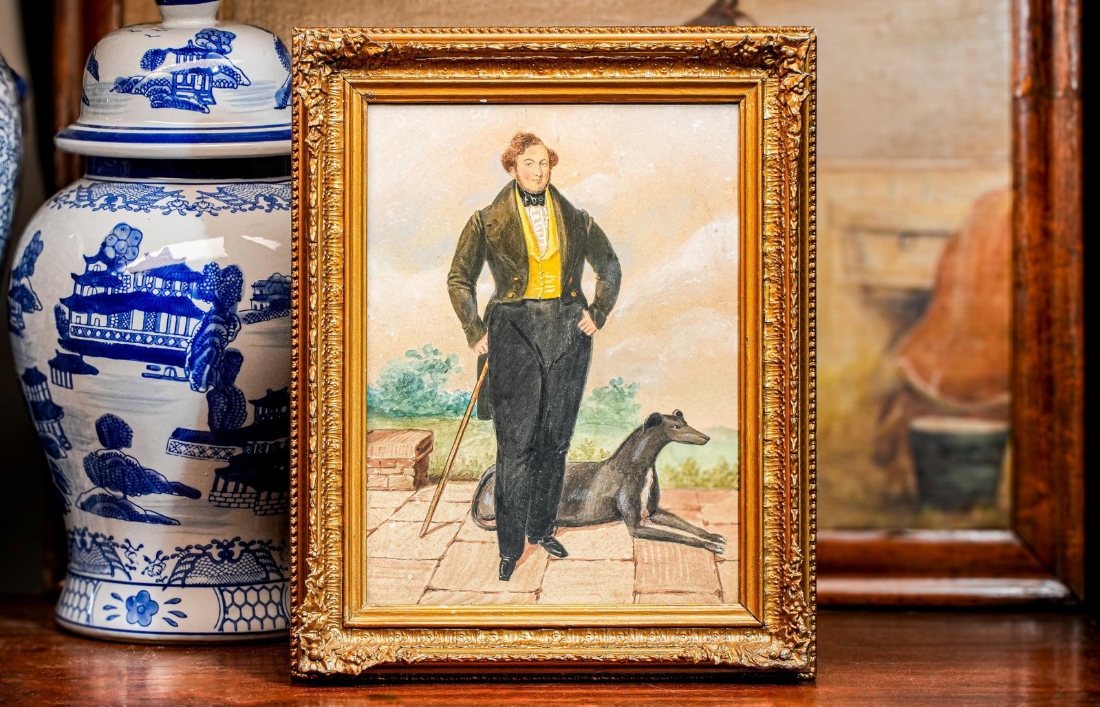 Amazing Antique English School Portrait Gouache Watercolor Painting of Aristocratic Man With Dog Fra - 2