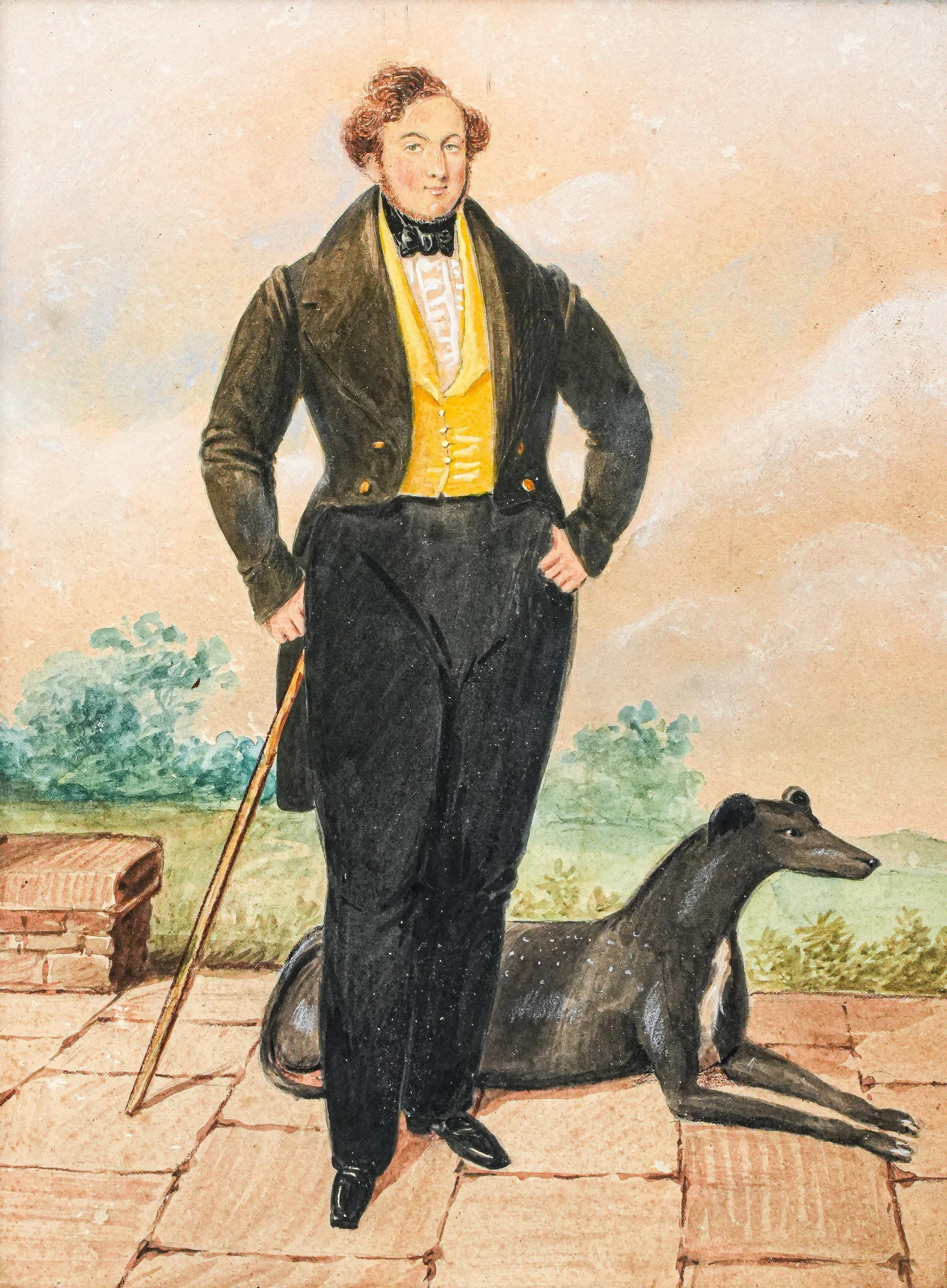 Amazing Antique English School Portrait Gouache Watercolor Painting of Aristocratic Man With Dog Fra - 3