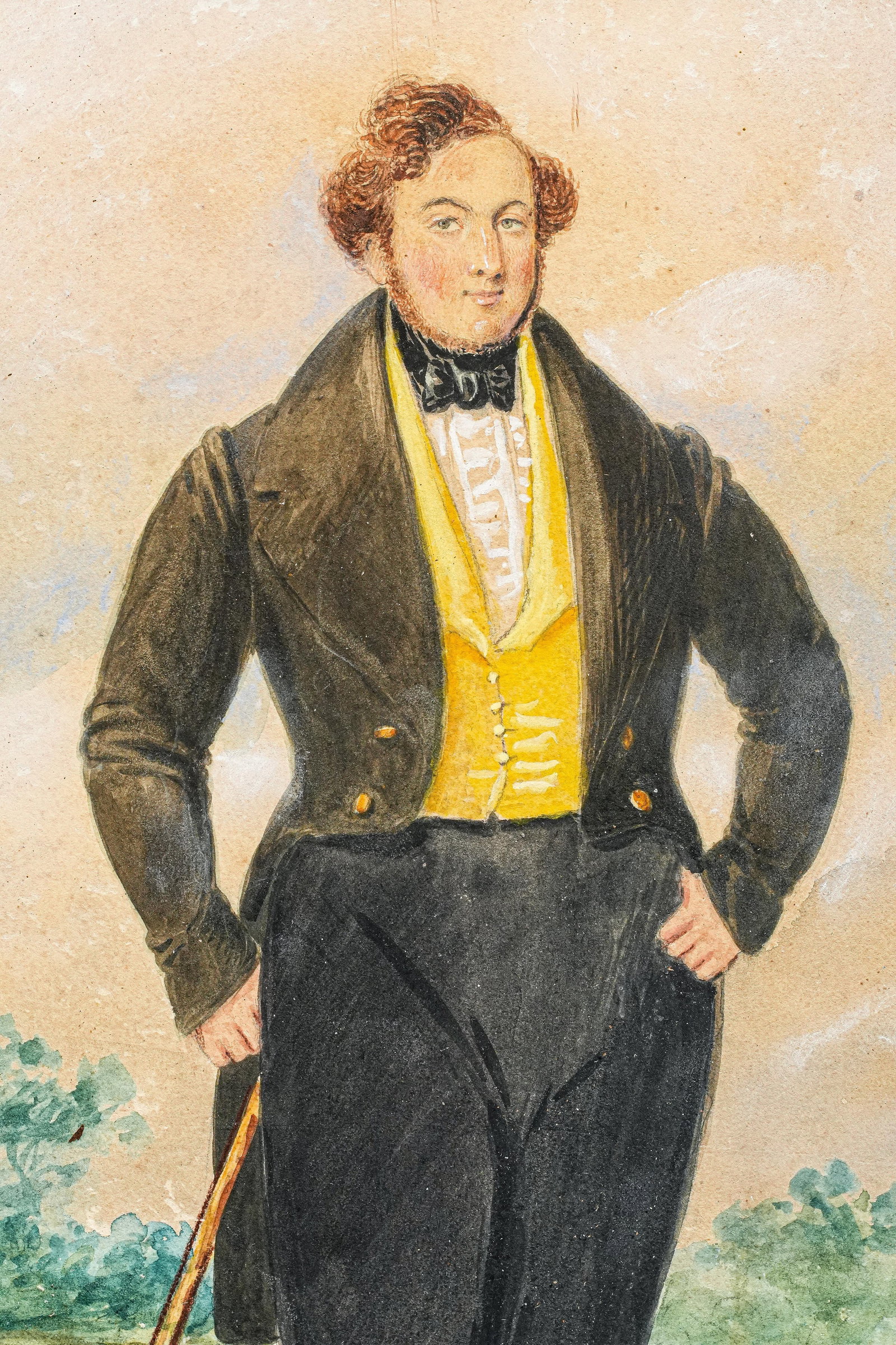 Amazing Antique English School Portrait Gouache Watercolor Painting of Aristocratic Man With Dog Fra - 4