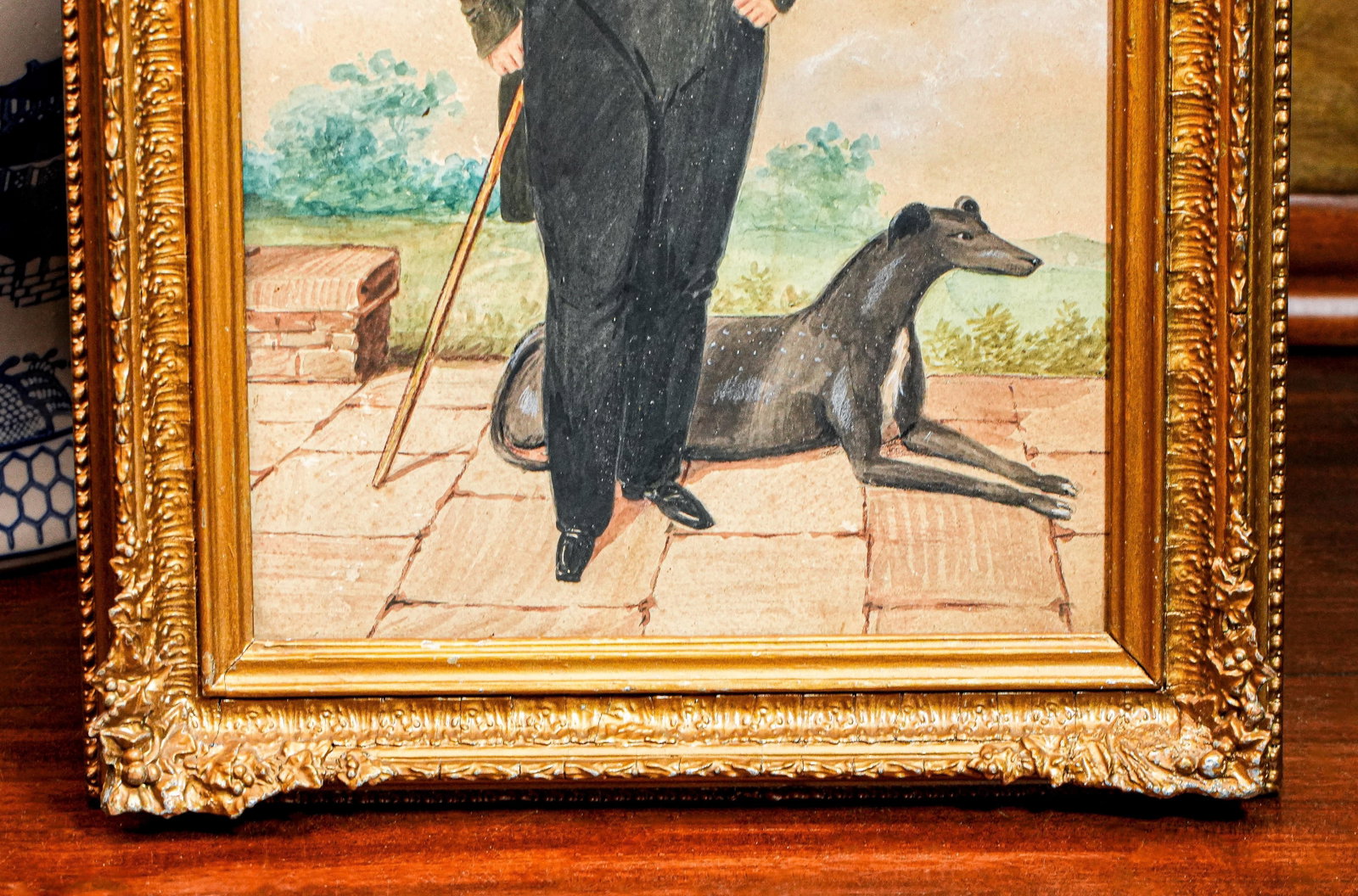 Amazing Antique English School Portrait Gouache Watercolor Painting of Aristocratic Man With Dog Fra - 7