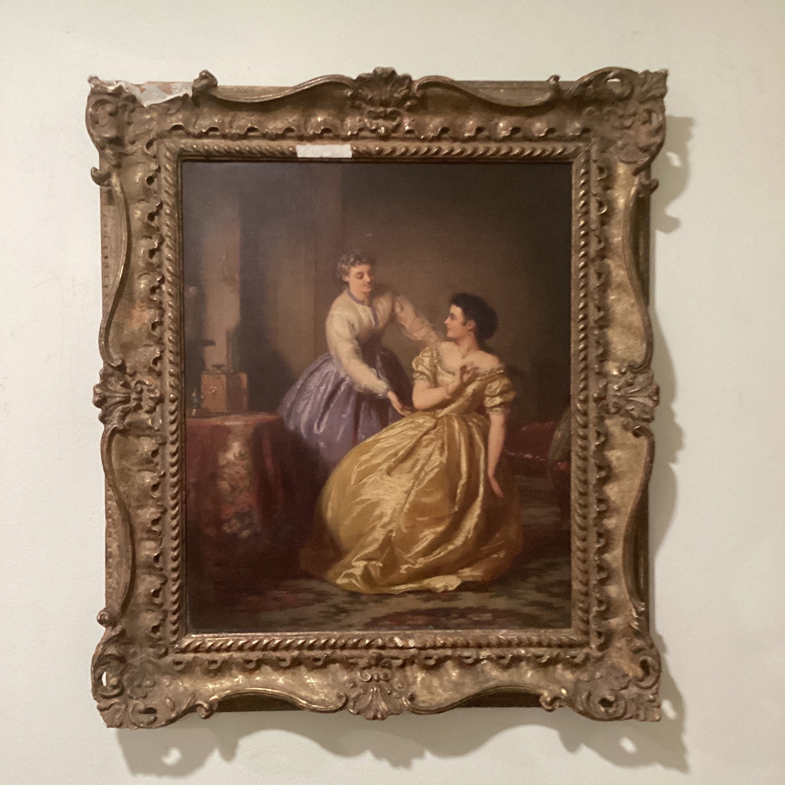 Antique Painting on Canvas Interior Scene With Two Women - 12