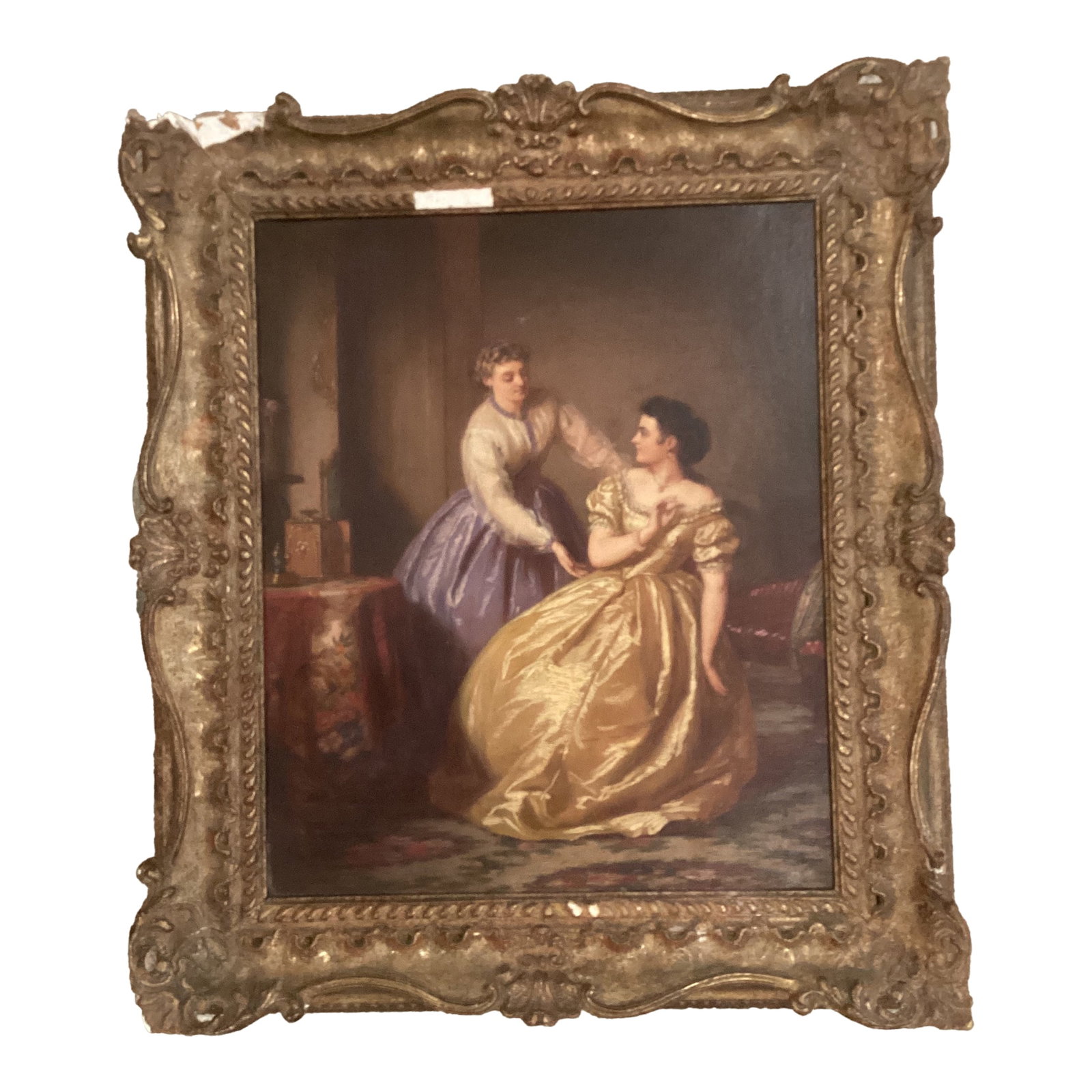 Antique Painting on Canvas Interior Scene With Two Women: This antique painting on canvas depicts an interior scene with two women, showcasing intricate portraiture style. The medium-sized artwork is an original oil painting on canvas, beautifully framed
