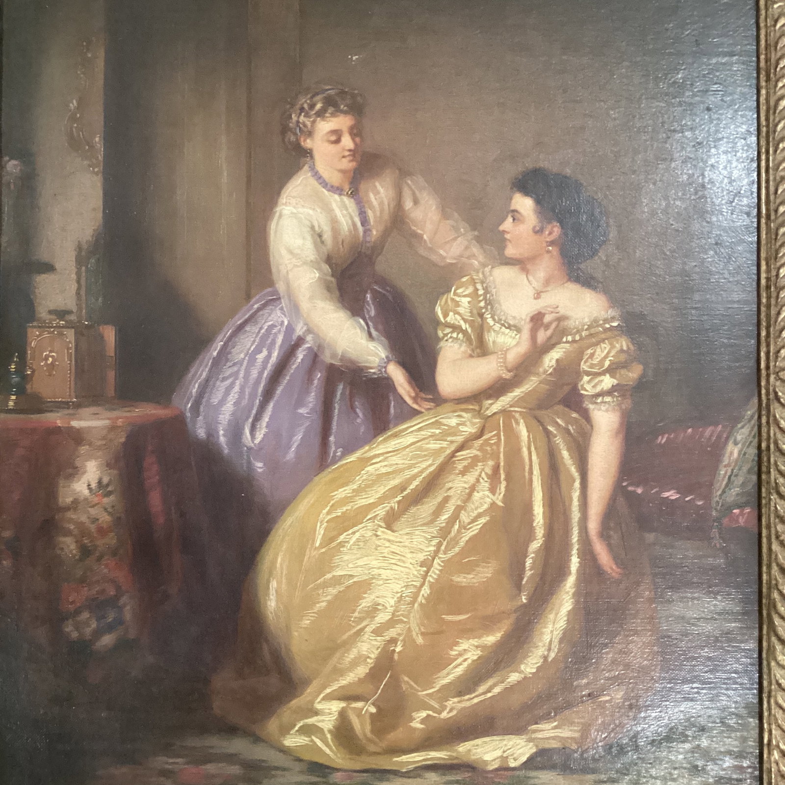 Antique Painting on Canvas Interior Scene With Two Women - 2