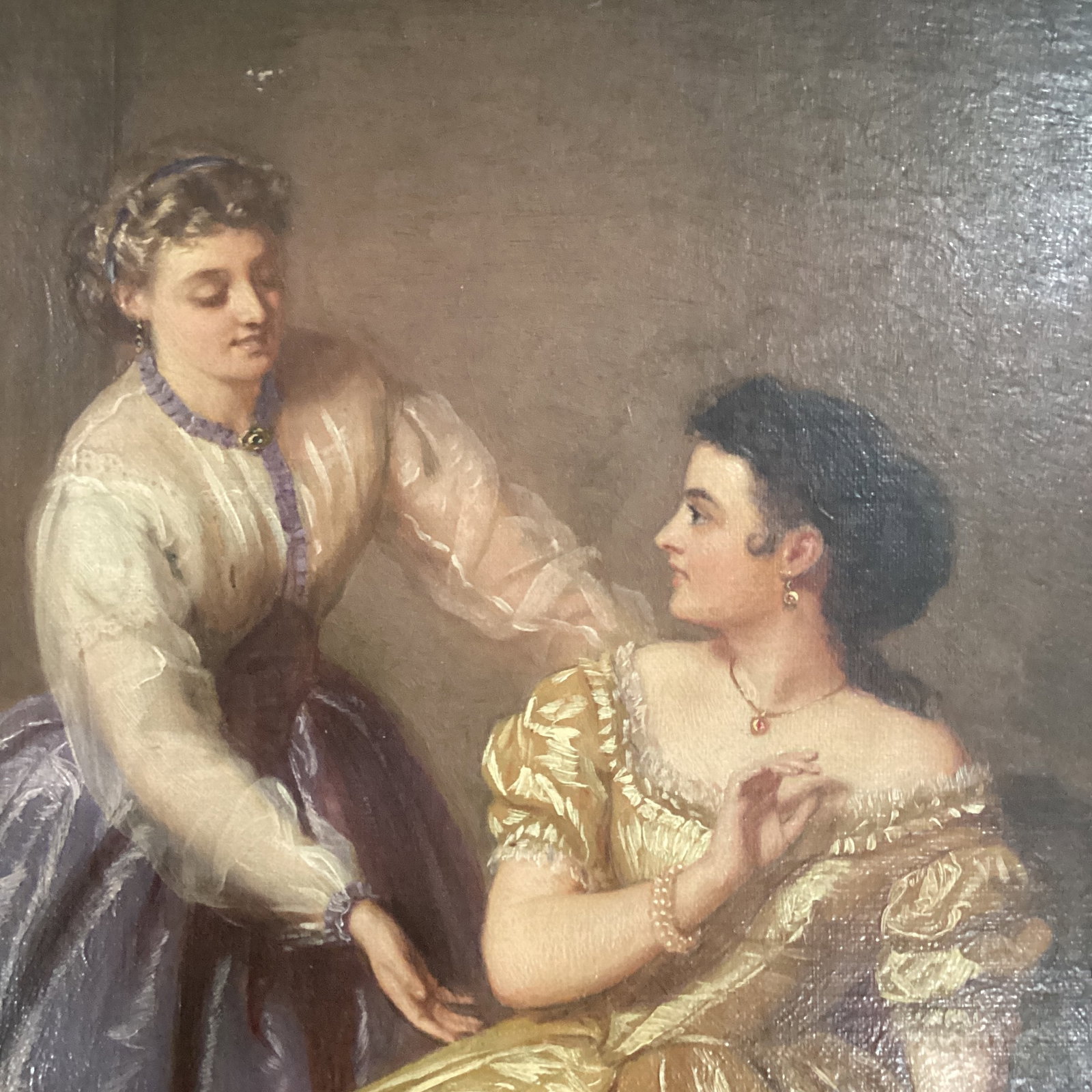 Antique Painting on Canvas Interior Scene With Two Women - 3