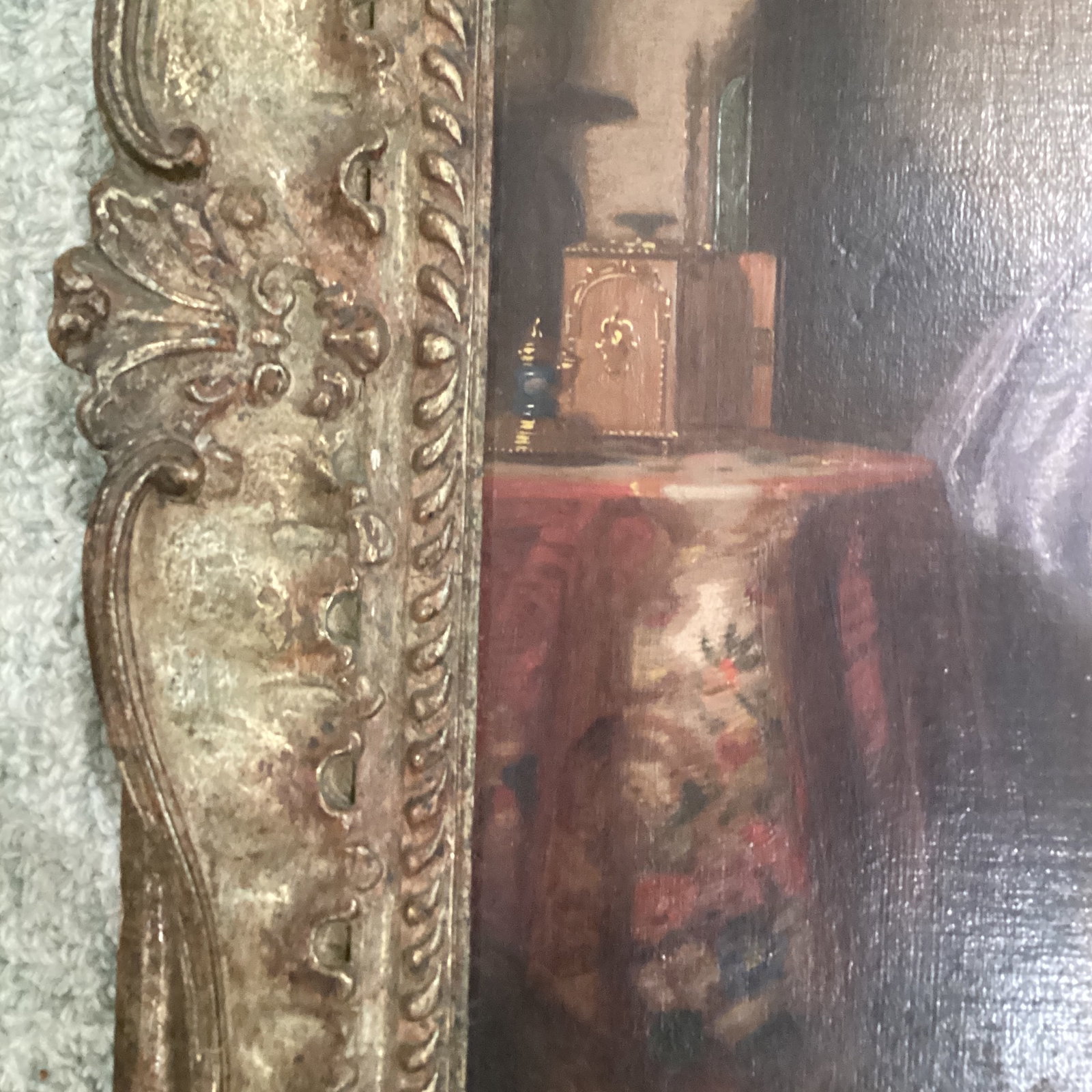 Antique Painting on Canvas Interior Scene With Two Women - 5
