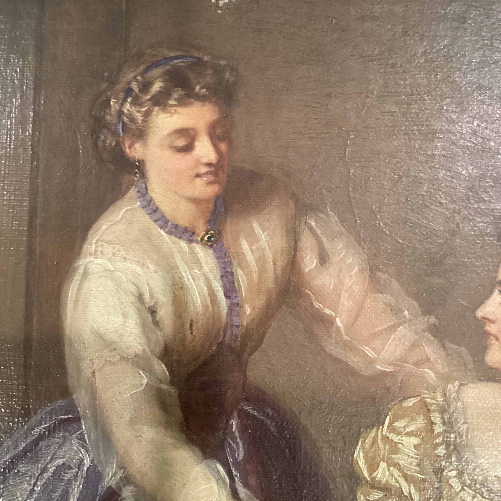 Antique Painting on Canvas Interior Scene With Two Women - 6
