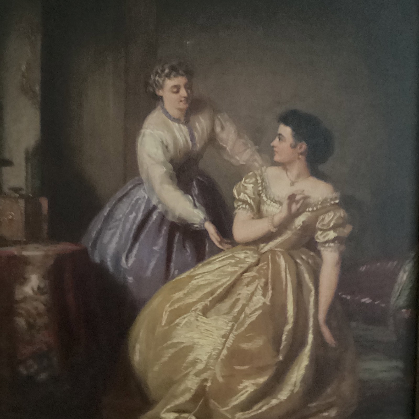 Antique Painting on Canvas Interior Scene With Two Women - 8