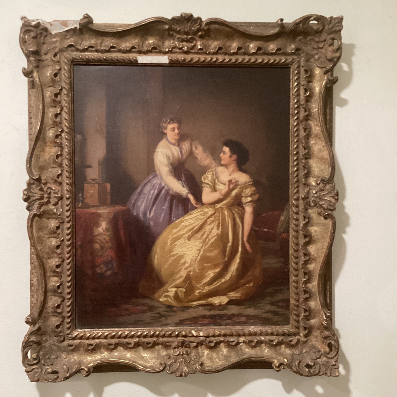 Antique Painting on Canvas Interior Scene With Two Women - 9